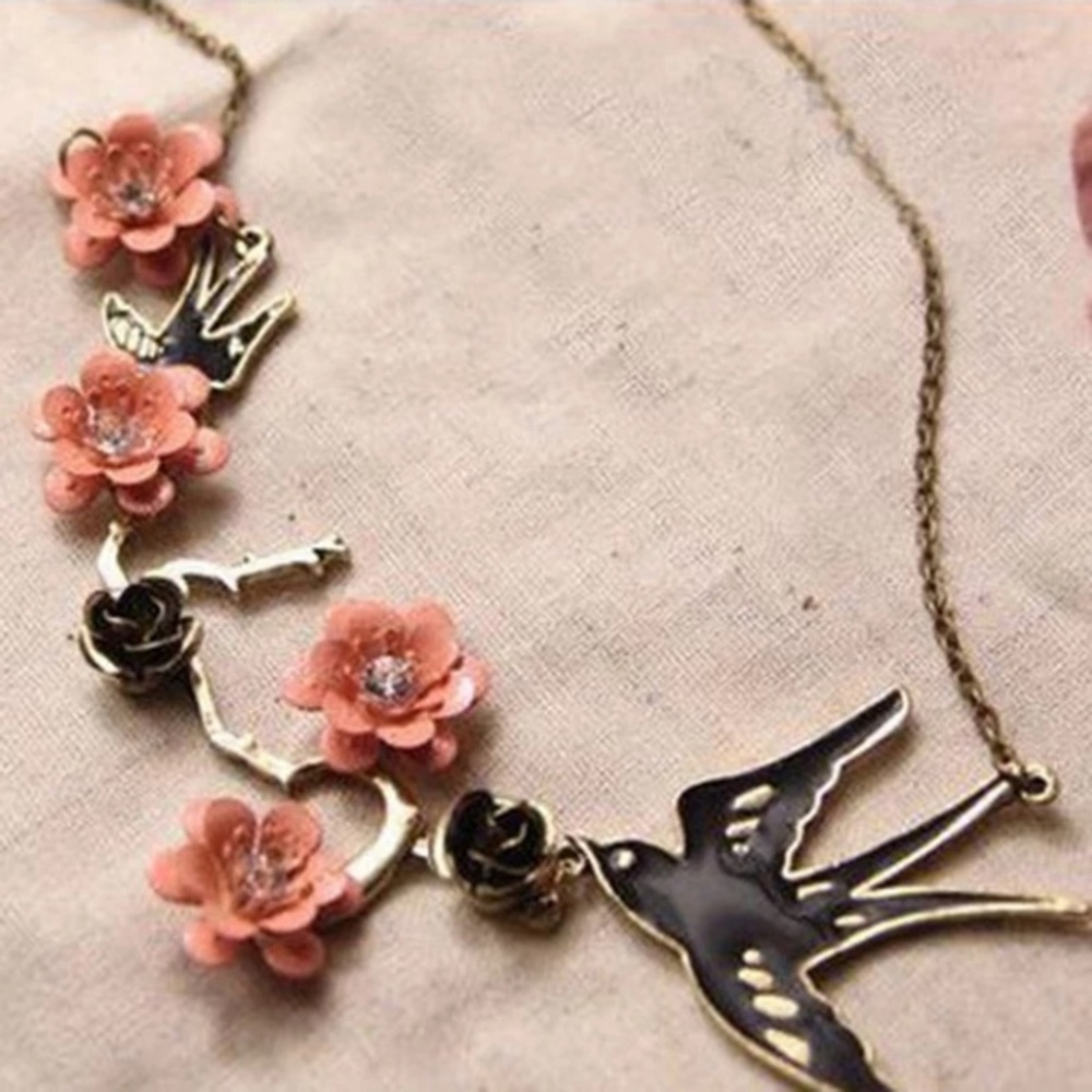 Bird Branch Floral Antiqued Necklace 16” NEW